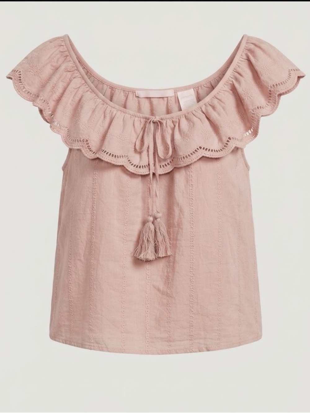 Shabby Chic Pink Eyelet Ruffle Blouse Boho Cottagecore Tassel Peasant Top Small